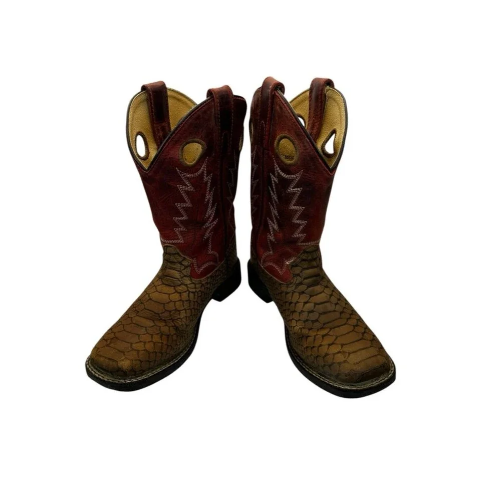 Smoky Mountain Youth 2 Brown Viper Snakeskin Red Square Toe Cowboy Western Boots